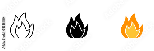 An illustration of flames and smoke, representing a fire and its destructive power. Vector set of icons in line, black and colorful styles isolated.