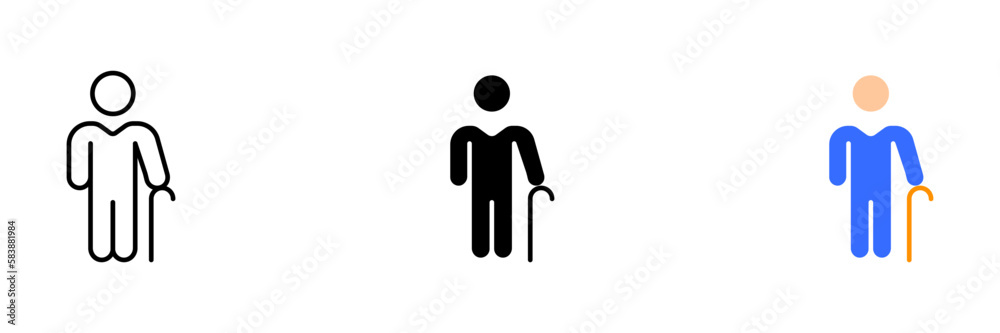 An illustration of an elderly person using a cane or walking stick, representing aging or mobility issues. Vector set of icons in line, black and colorful styles isolated. An illustration of an elderly person using a cane or walking stick, representing aging or mobility issues. Vector set of icons in line, black and colorful styles isolated.