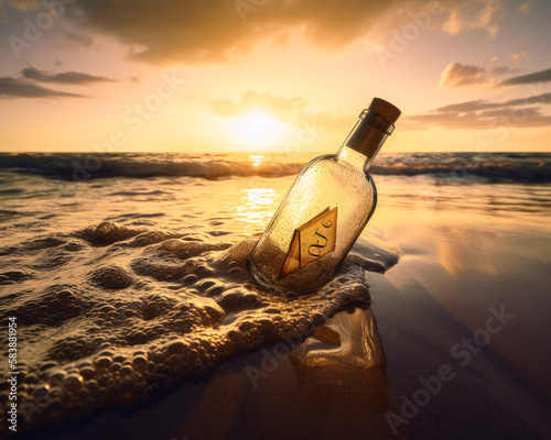 letter in a bottle on sand beach , sunrice, tropical island. Ai generative