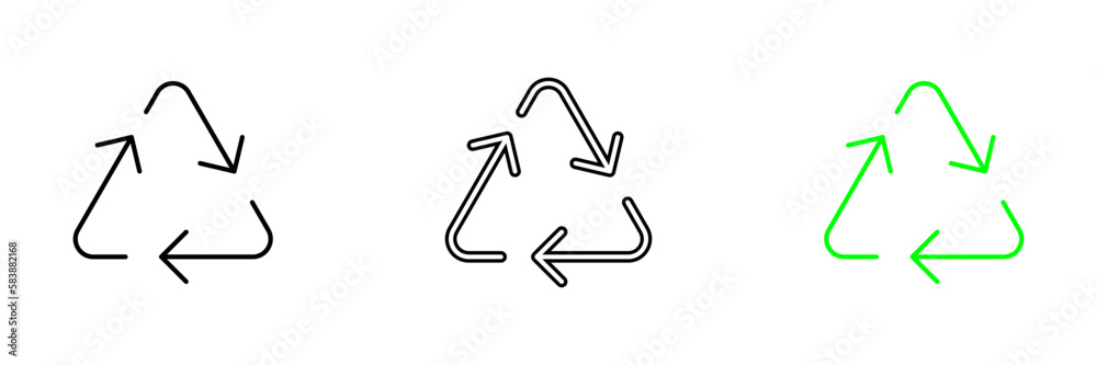 An illustration of a recycling symbol, representing the process of recycling and sustainability. Vector set of icons in line, black and colorful styles isolated.