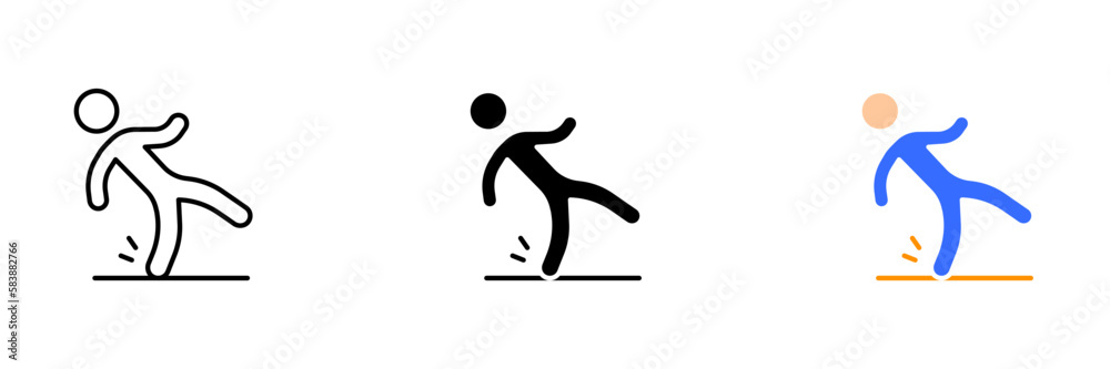 A vector illustration of a person falling on a set of stairs or steps, depicting a potential accident or injury. Vector set of icons in line, black and colorful styles isolated.