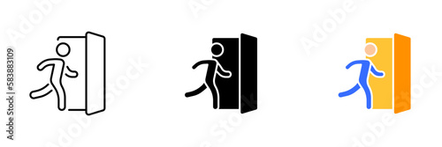 A person running into a door. Vector set of icons in line, black and colorful styles isolated.