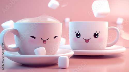 Cute Kawaii cupw with marshmallows. 3D background. AI generated art concept. photo