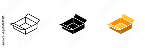An open cardboard box with flaps folded back, revealing its contents. The box is brown in color and has a simple design. Vector set of icons in line, black and colorful styles isolated.
