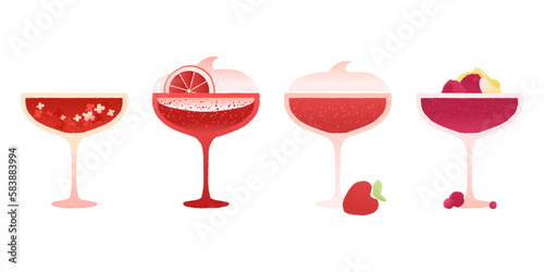Margarita dessert glass set. Alcohol drink with berries and citrus. Red cocktail for event and celebration. Flat vector illustration with texture and gradient