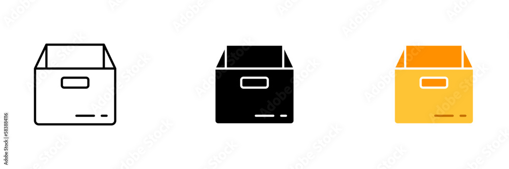 An open cardboard box with flaps folded back, revealing its contents. The box is brown in color and has a simple design. Vector set of icons in line, black and colorful styles isolated. An open cardboard box with flaps folded back, revealing its contents. The box is brown in color and has a simple design. Vector set of icons in line, black and colorful styles isolated.