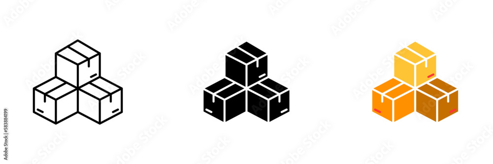 Three cardboard boxes are stacked on top of each other. Vector set of icons in line, black and colorful styles isolated.
