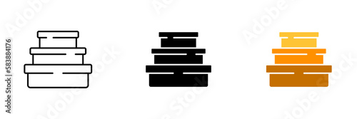 Three cardboard boxes are stacked on top of each other. Vector set of icons in line, black and colorful styles isolated.