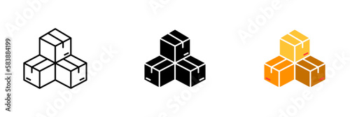 Three cardboard boxes are stacked on top of each other. Vector set of icons in line, black and colorful styles isolated.
