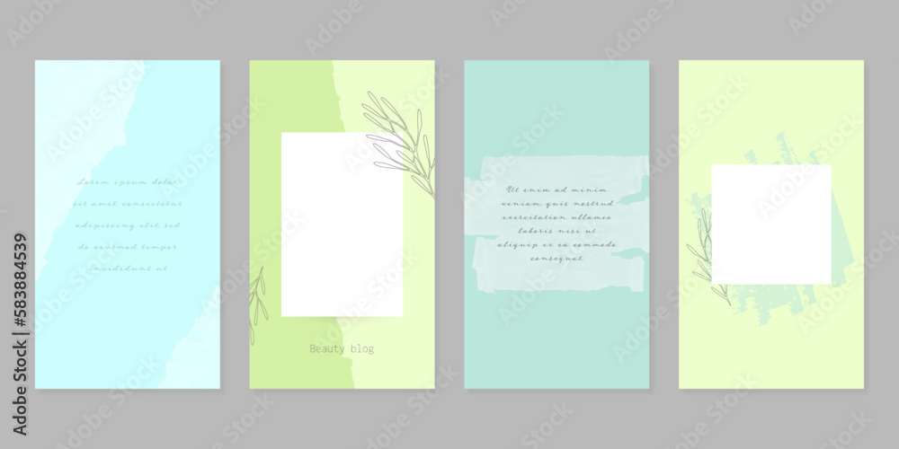 Minimalistic green and light blue social media story post templates with torn ripped paper texture. Cosmetics, skin care or beauty concept.	
