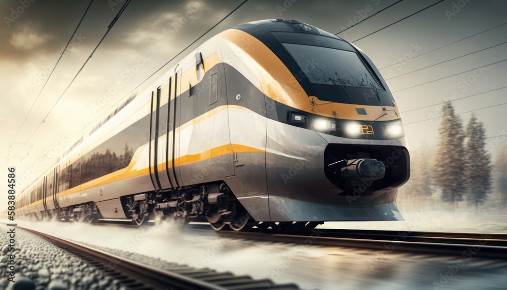 Fototapeta premium Electric passenger train drives at high speed, generative ai