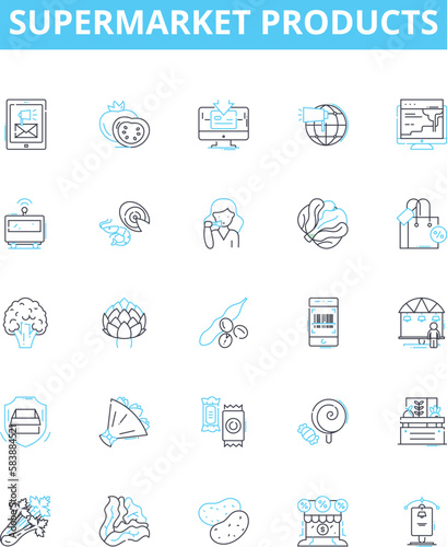 Supermarket products vector line icons set. Groceries, Produce, Dairy, Frozen, Meat, Seafood, Bakery illustration outline concept symbols and signs