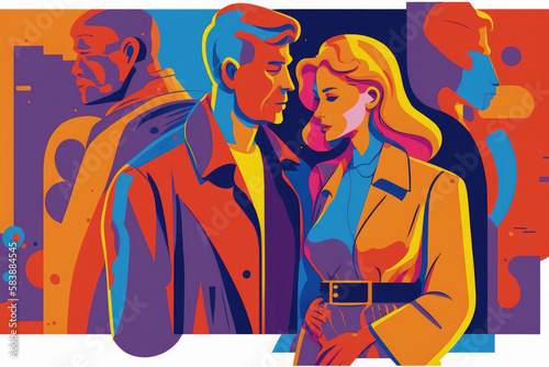 Flat retro design  Romantic love between people. Lowers in rich colors   Generative AI Production