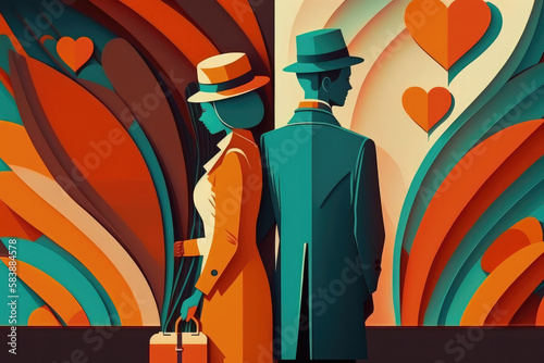 Flat retro design: Romantic love between people. Lowers in rich colors | Generative AI Production