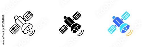 A vector illustration of a satellite in orbit around the earth. This image is ideal for use in designs related to space and technology. Vector set of icons in line, black and colorful styles isolated.