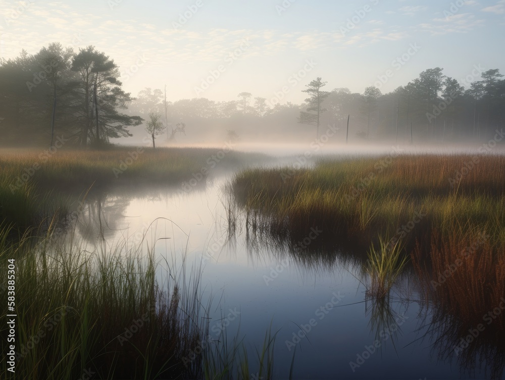 Marsh landscape in the morning with mist and fog over the meadows and water areas Marsh landscape in the morning with mist and fog over the meadows and water areas