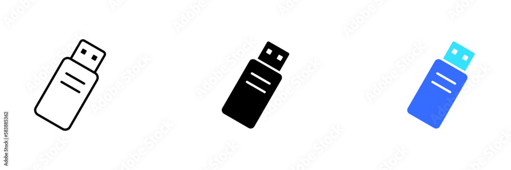 A vector illustration of a USB flash drive, which is a portable storage device that uses USB technology for data transfer. Vector set of icons in line, black and colorful styles isolated. A vector illustration of a USB flash drive, which is a portable storage device that uses USB technology for data transfer. Vector set of icons in line, black and colorful styles isolated.