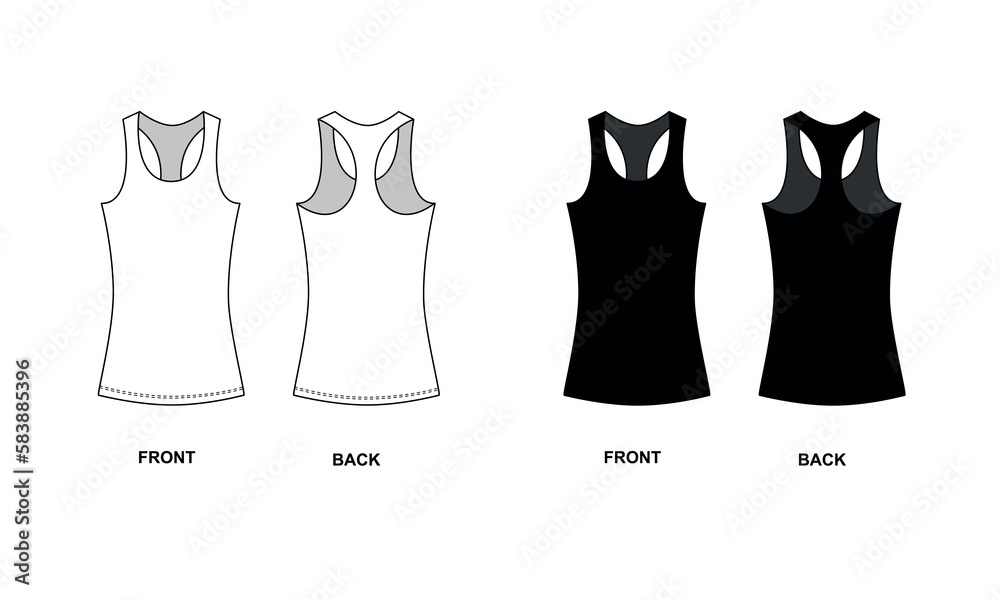 Collection of sports jerseys in black and white, vector. Women's top template, front and back view. Knitted sleeveless t-shirt with crew neck, vector. Collection of sports jerseys in black and white, vector. Women's top template, front and back view. Knitted sleeveless t-shirt with crew neck, vector.