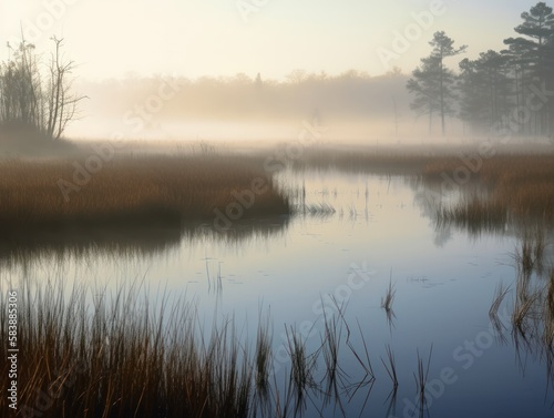 Marsh landscape in the morning with mist and fog over the meadows and water areas