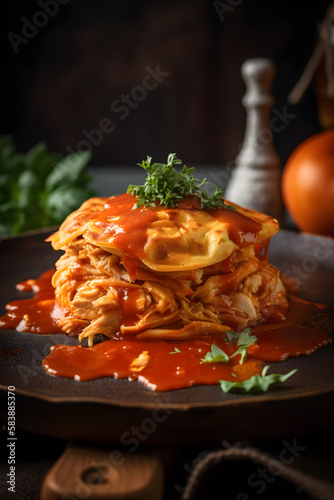 Baked pancakes with chicken in tomato sauce.  generative ai 