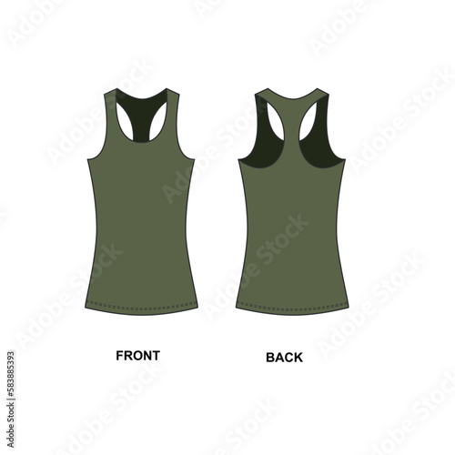 Vector drawing of a sports jersey in green color. Women's top template, front view. Crew neck sleeveless jersey tee sketch, vector.