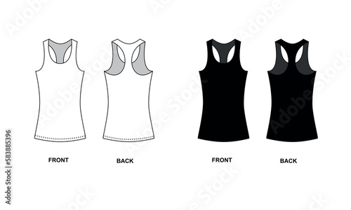 Collection of sports jerseys in black and white, vector. Women's top template, front and back view. Knitted sleeveless t-shirt with crew neck, vector. photo