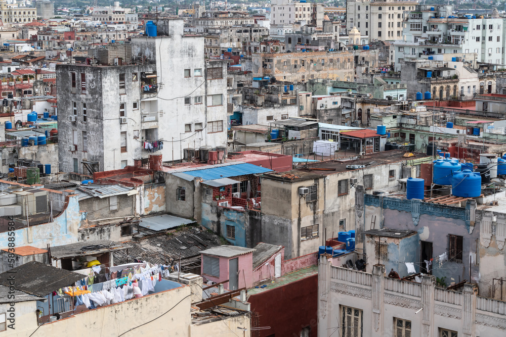 Aerial view across Old Havana with washing out to dry in foreground, Havana Aerial view across Old Havana with washing out to dry in foreground, Havana
