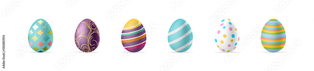 Realistic Easter eggs set. Different 3D isolated egg with colorful pattern. Vector illustration Realistic Easter eggs set. Different 3D isolated egg with colorful pattern. Vector illustration