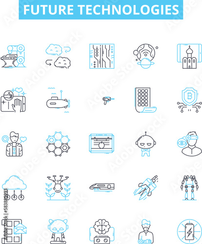 Future technologies vector line icons set. AI, Robotics, BigData, Blockchain, Cybersecurity, Quantum, Augmented illustration outline concept symbols and signs