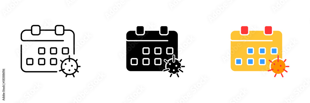 A calendar with a virus icon in a red circle on a white background. Vector set of icons in line, black and colorful styles isolated. A calendar with a virus icon in a red circle on a white background. Vector set of icons in line, black and colorful styles isolated.