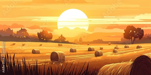 A watercolor of a rustic scene captured a summer sunset and hay bales, Generative AI