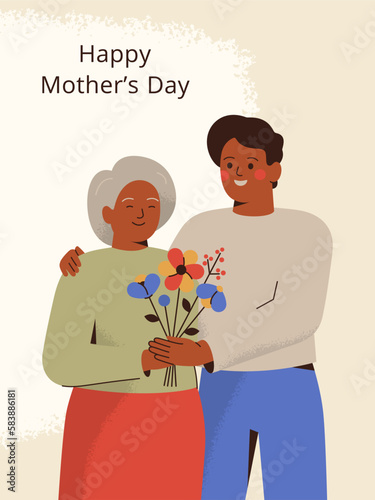 Happy man embraces his mature mother with love and care. Greeting card for Mother's day with Senior woman with her adult son. Festive vector illustration with text.