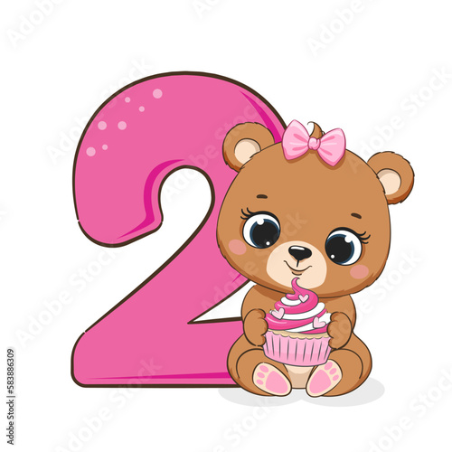 An illustration from the cartoon "Happy birthday, 2 years old", a cute little bear girl. Vector illustration.