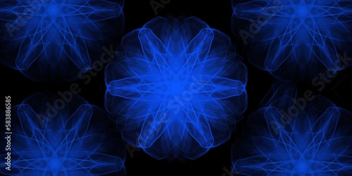 Modern futuristic abstract glowing blue geometric shapes repeat pattern design with blue flowers