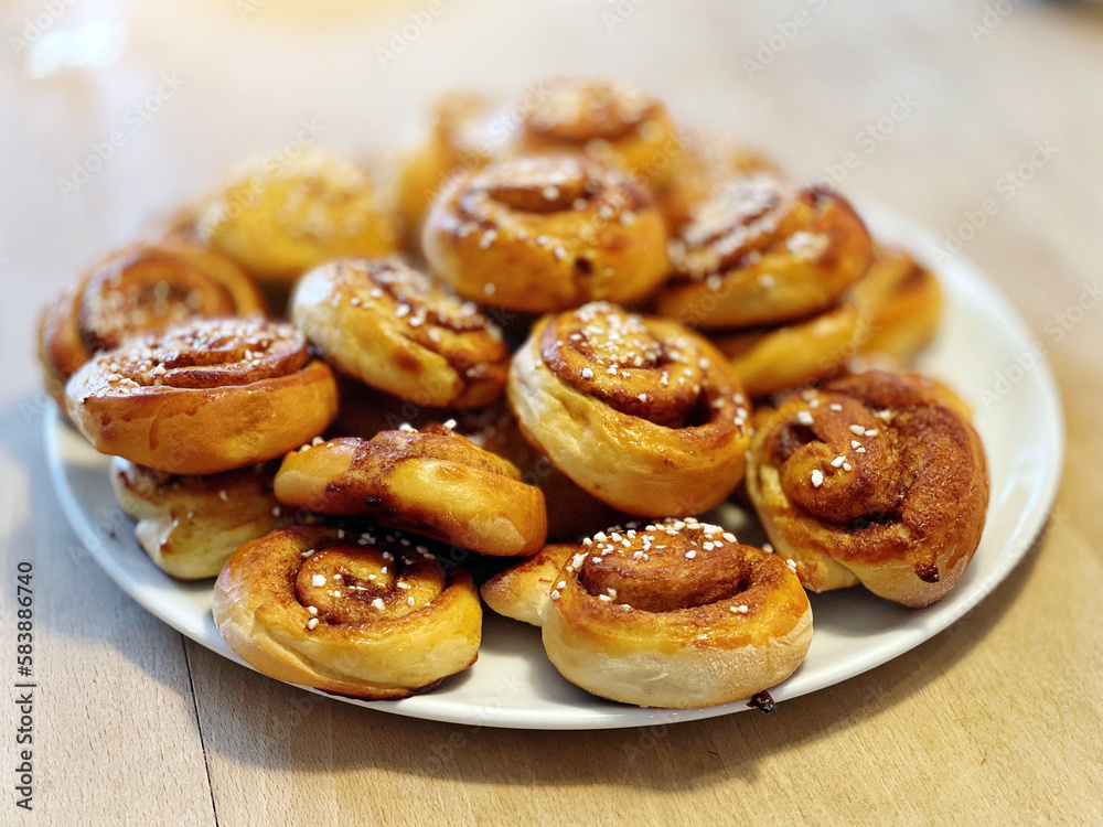 Cinnamon buns as a pastry or snack on a plate
