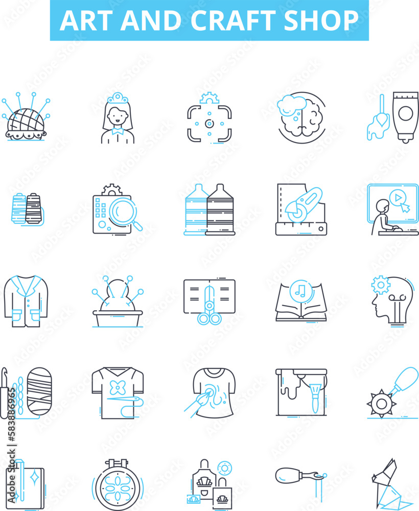 Art and craft shop vector line icons set. Supplies, Materials, Tools, Paints, Brushes, Canvas, Paper illustration outline concept symbols and signs