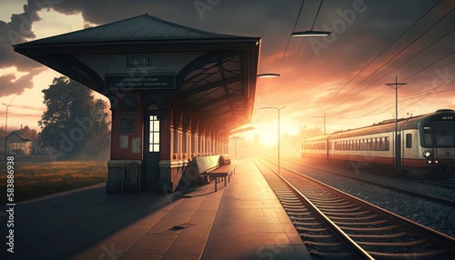 Train stop at railway station in sunset, generative ai