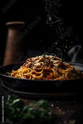 Delicious spaghetti served on a black plate. (Generative ai)