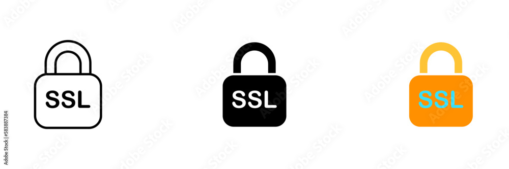An icon of a lock with the letters SSL written on it, indicating a secure connection. Vector set of icons in line, black and colorful styles isolated. An icon of a lock with the letters SSL written on it, indicating a secure connection. Vector set of icons in line, black and colorful styles isolated.