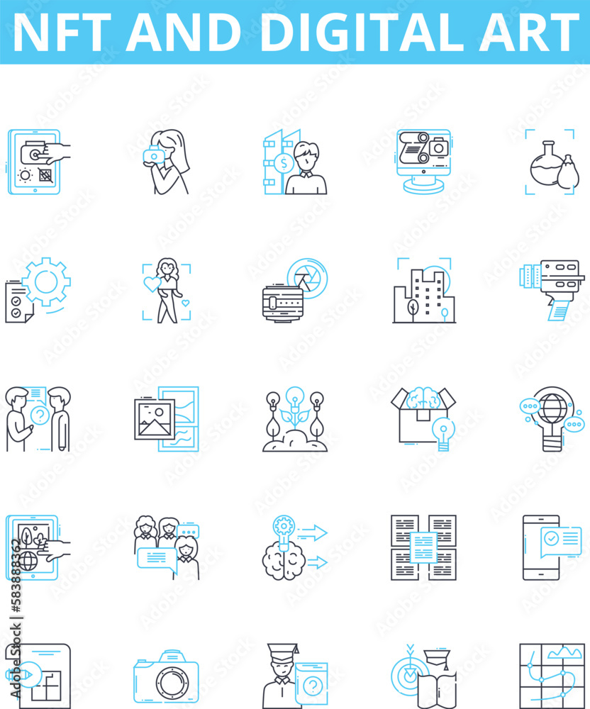 NFT and digital art vector line icons set. NFT, Digital, Art, Cryptocurrency, Blockchain, Digitalized, Marketplace illustration outline concept symbols and signs