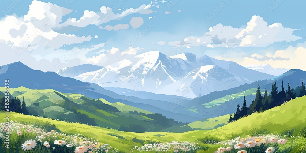 The picturesque view shows blooming meadows, rolling hills, and snow-capped mountains on a sunny spring day, Generative AI