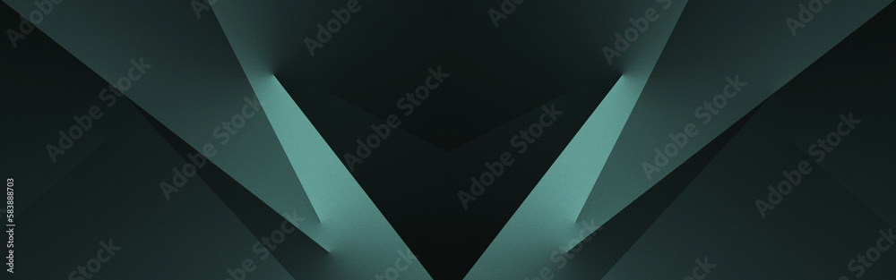 Blue green abstract modern background for design. 3d effect.Geometric shape. Lines, triangles. Gradient. Dark jade color. Light, glow. Metallic sheen. Wide banner. Panoramic.