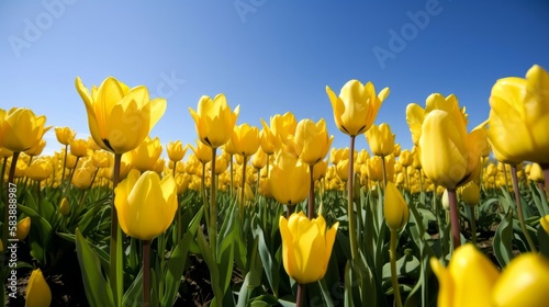 A bright and cheerful image of a yellow tulip field under a clear blue sky. Generative AI