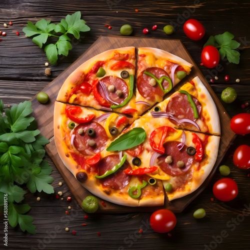 Appetizing pizza with tomatoes and cheese on a dark wooden background created with Generative AI technology
