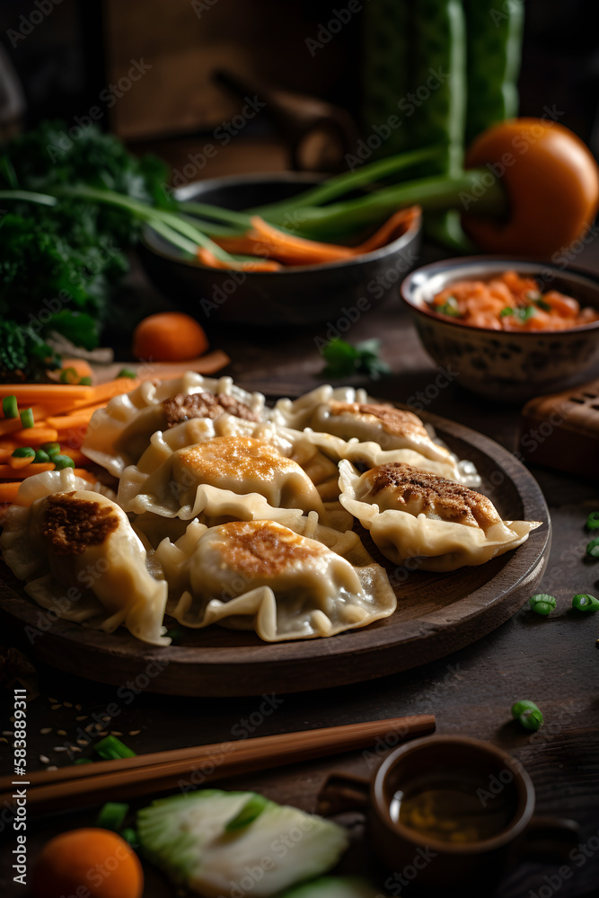 Original Japanese dumplings Gyoza with chicken and vegetables. (Generative ai)