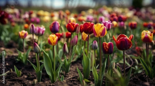 A charming shot of spring tones and textures. The shot shows a close-up of a tulip field with red  yellow and purple flowers. Generative AI