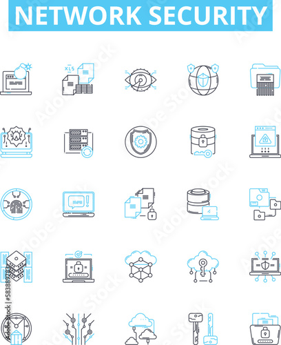Network security vector line icons set. Network, Security, Cyber, Intrusion, Firewall, Malware, Antivirus illustration outline concept symbols and signs