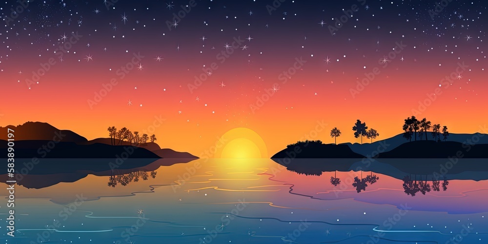 Sunset reflects stars in the archipelagos water, Generative AI