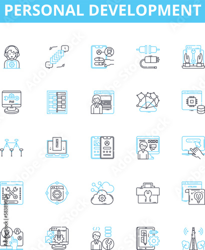 Personal development vector line icons set. Motivation, growth, learning, happiness, reflection, goals, resilience illustration outline concept symbols and signs