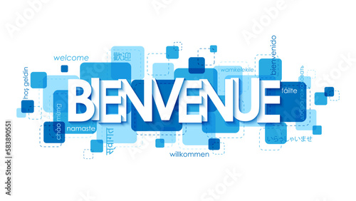 BIENVENUE (WELCOME in French) blue vector banner with translations into various languages
